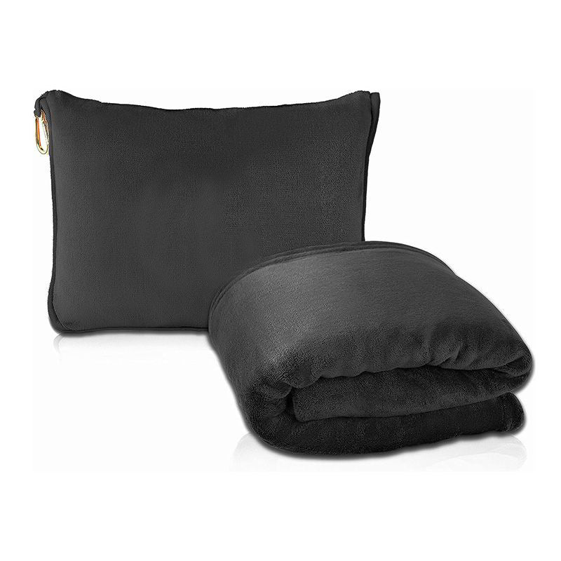 Black 2-in-1 Plush Travel Blanket & Pillow Set - Soft Flannel with Luggage Strap & Carabiner 50x60in