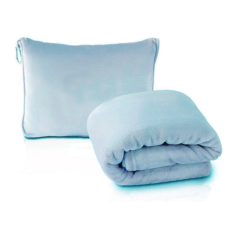 Light Blue 2-in-1 Plush Travel Blanket & Pillow Set - Soft Flannel with Luggage Strap & Carabiner 50x60in