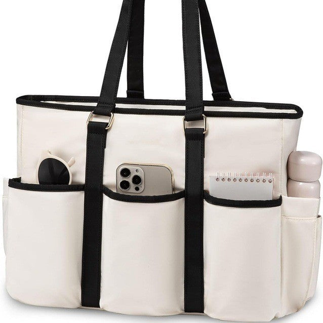 White Women's Laptop Tote Bag - Professional Business Briefcase & Shoulder Handbag (Fits up to 15.6 Inch Laptop)