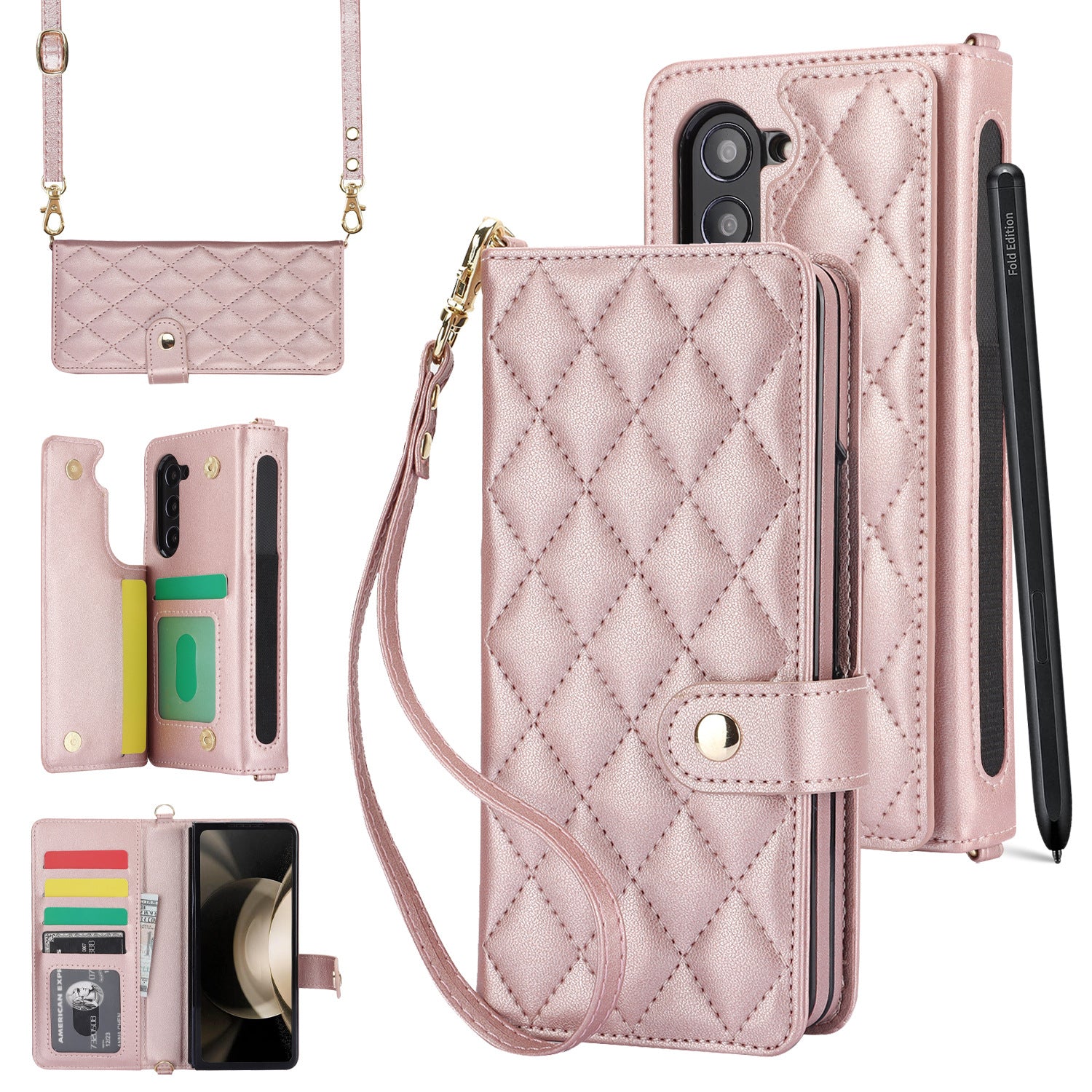 Rose Gold Galaxy Z Fold5 Multi-Functional Leather Wallet Case for Samsung Z Fold Series - Crossbody with Pen Slot, Quilted Design Pen Not Included