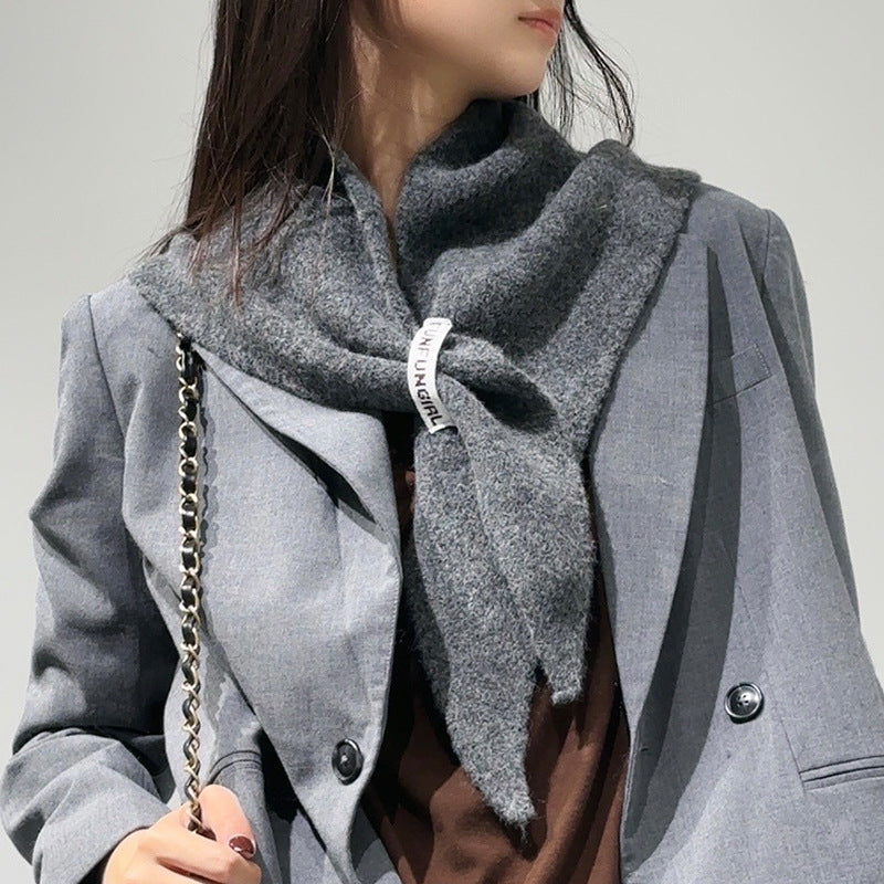 2-Piece Dark Grey Coffee Elegant Wool Blend Triangle Scarf - Luxurious Knit Shawl for Women 39 x 110cm