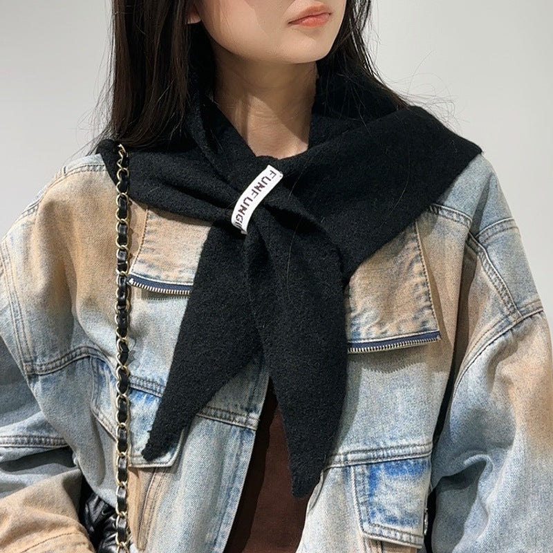 2-Piece Black Elegant Wool Blend Triangle Scarf - Luxurious Knit Shawl for Women 39 x 110cm