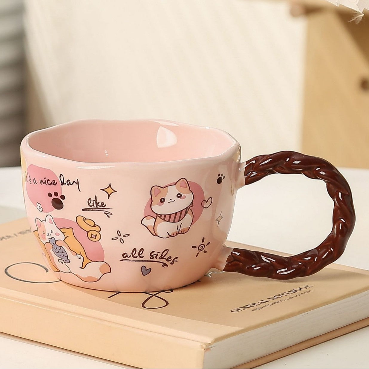 Whimsical Cat & Friends Ceramic Mug - 320ml with Unique Twisted Handle pink