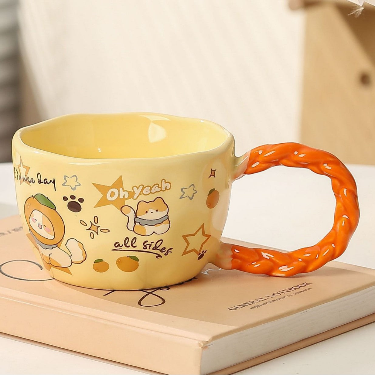 Whimsical Cat & Friends Ceramic Mug - 320ml with Unique Twisted Handle Yellow