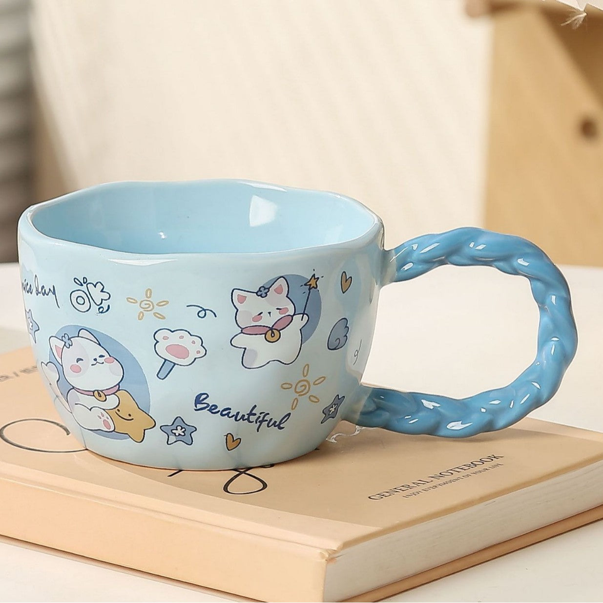 Whimsical Cat & Friends Ceramic Mug - 320ml with Unique Twisted Handle Blue