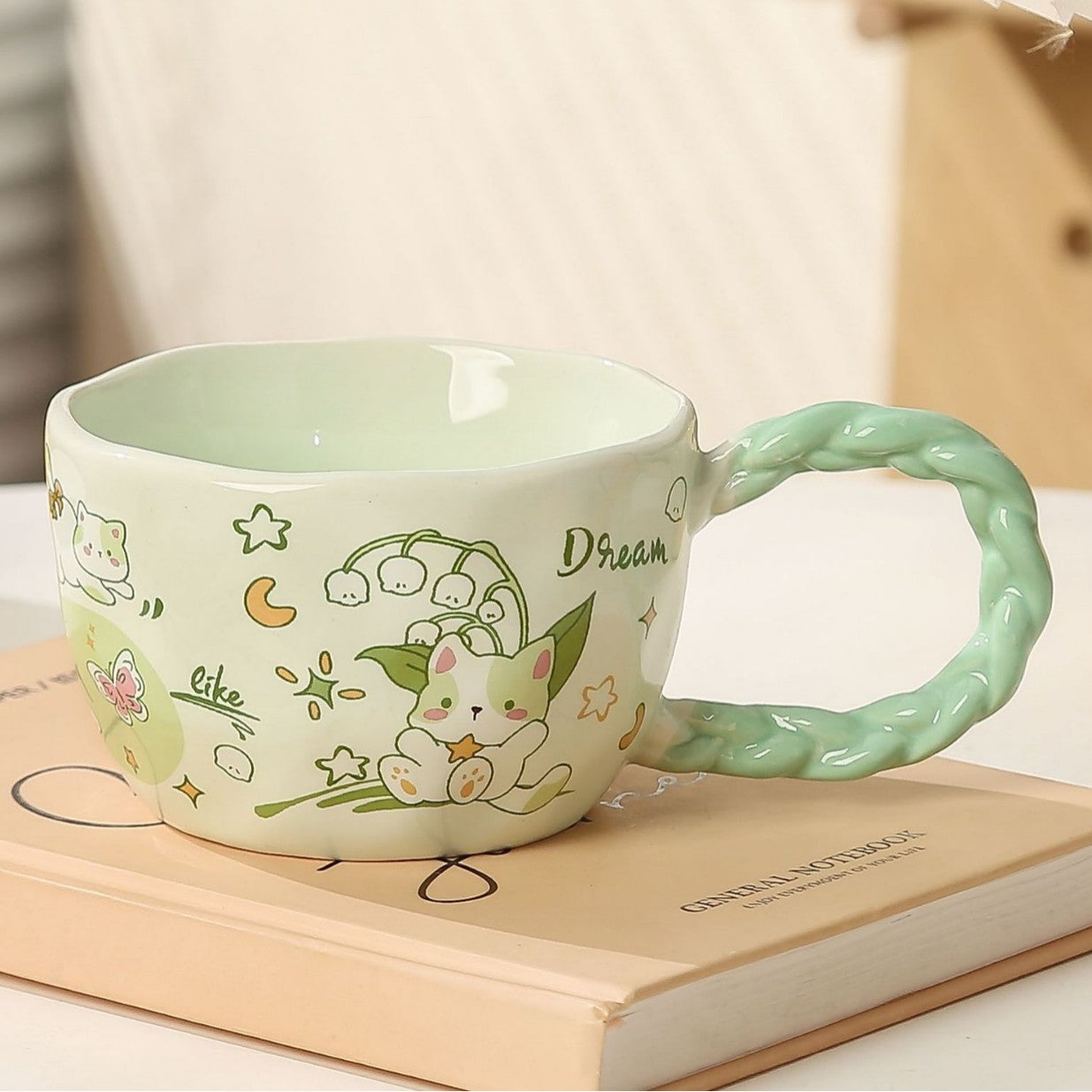 Whimsical Cat & Friends Ceramic Mug - 320ml with Unique Twisted Handle Green