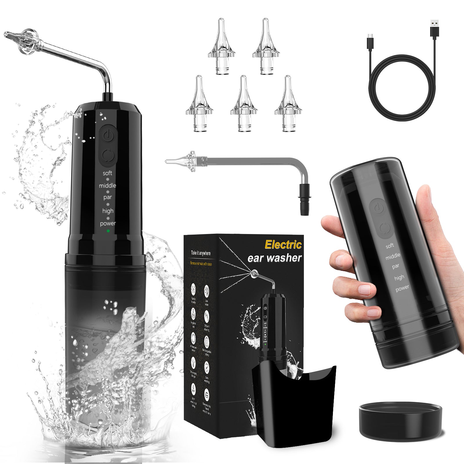 Electric Ear Wax Removal Kit & Nasal Irrigator - 4 Modes, IPX7 Waterproof black