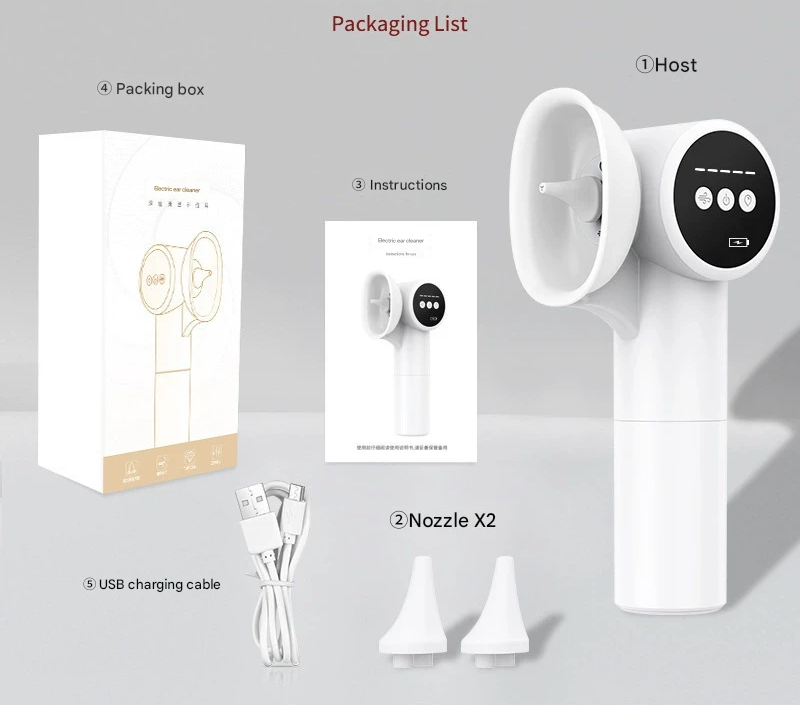 Automatic Electric Ear Wax Removal & Irrigation System - 5 Modes, USB-C, Hot Air Drying white
