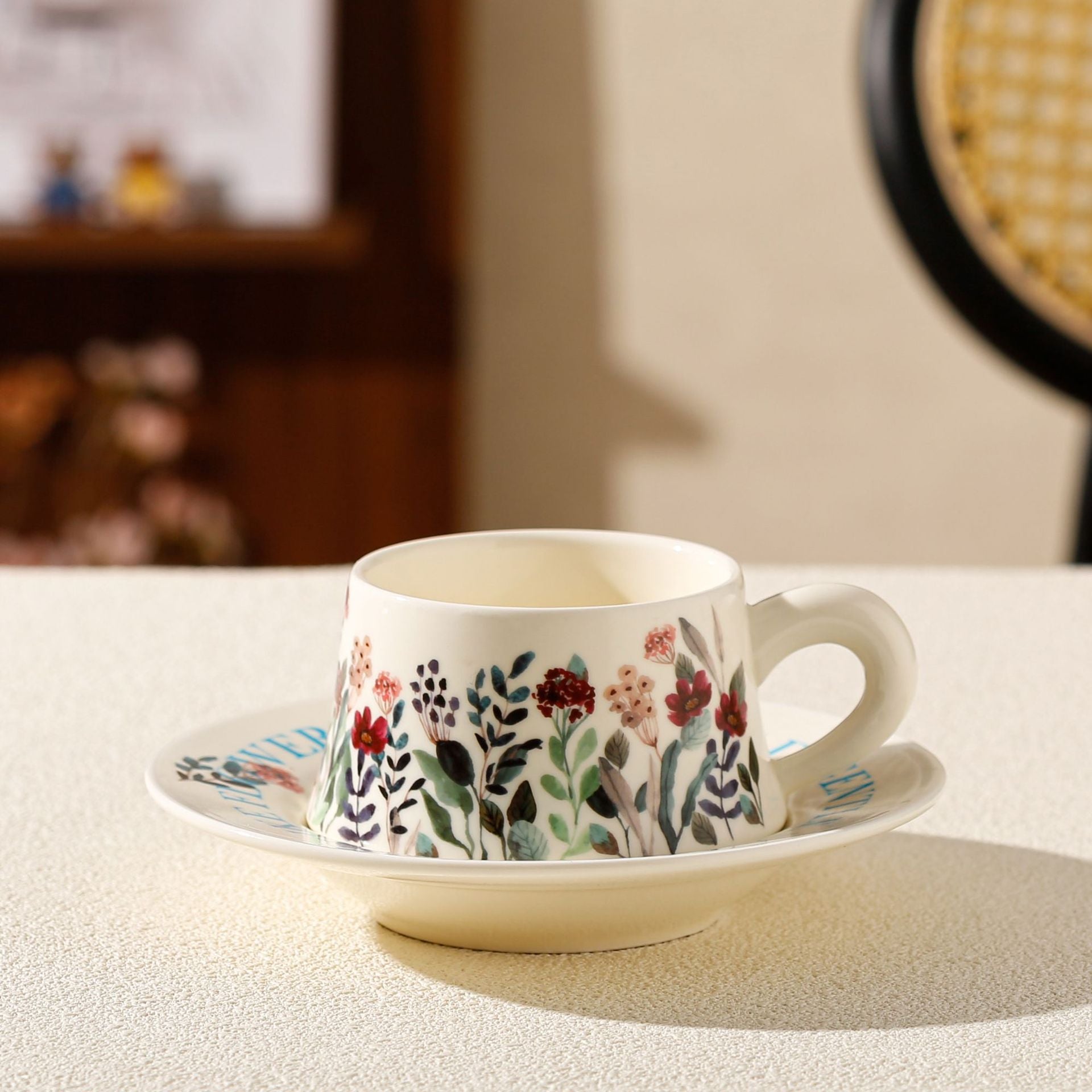 Vintage Floral Ceramic Coffee Cup & Saucer Set White disc-green floral