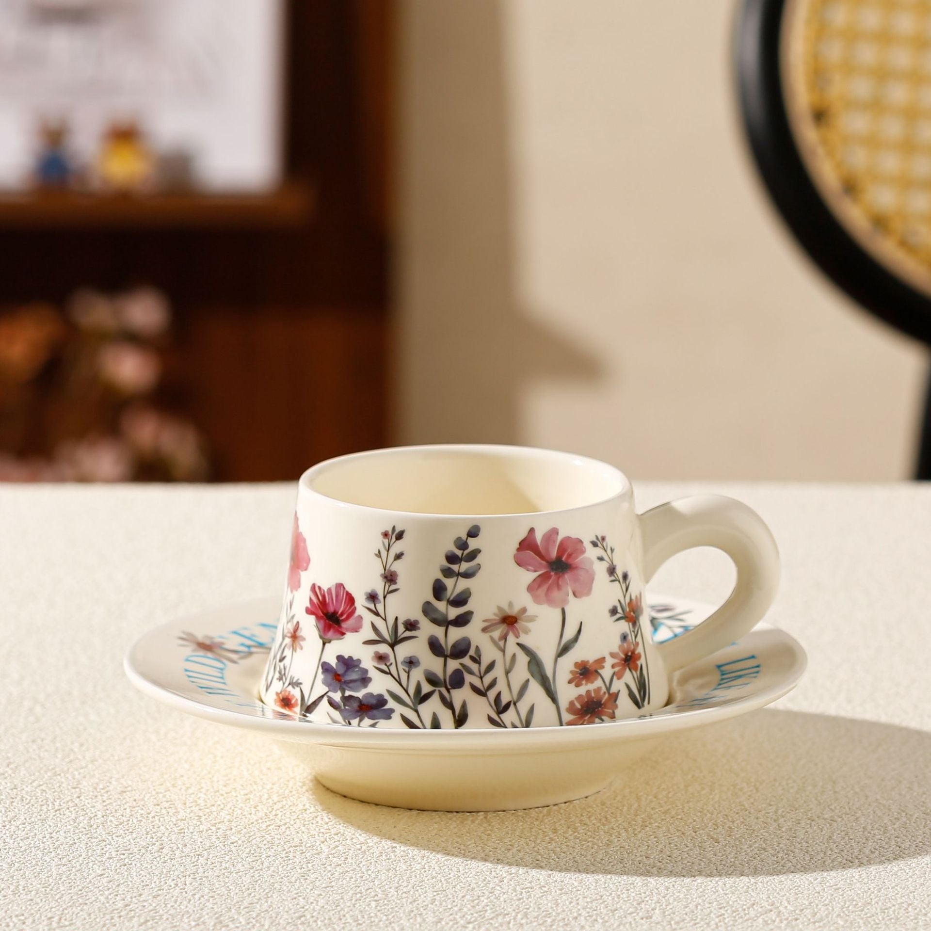 Vintage Floral Ceramic Coffee Cup & Saucer Set White disc - pink flowers