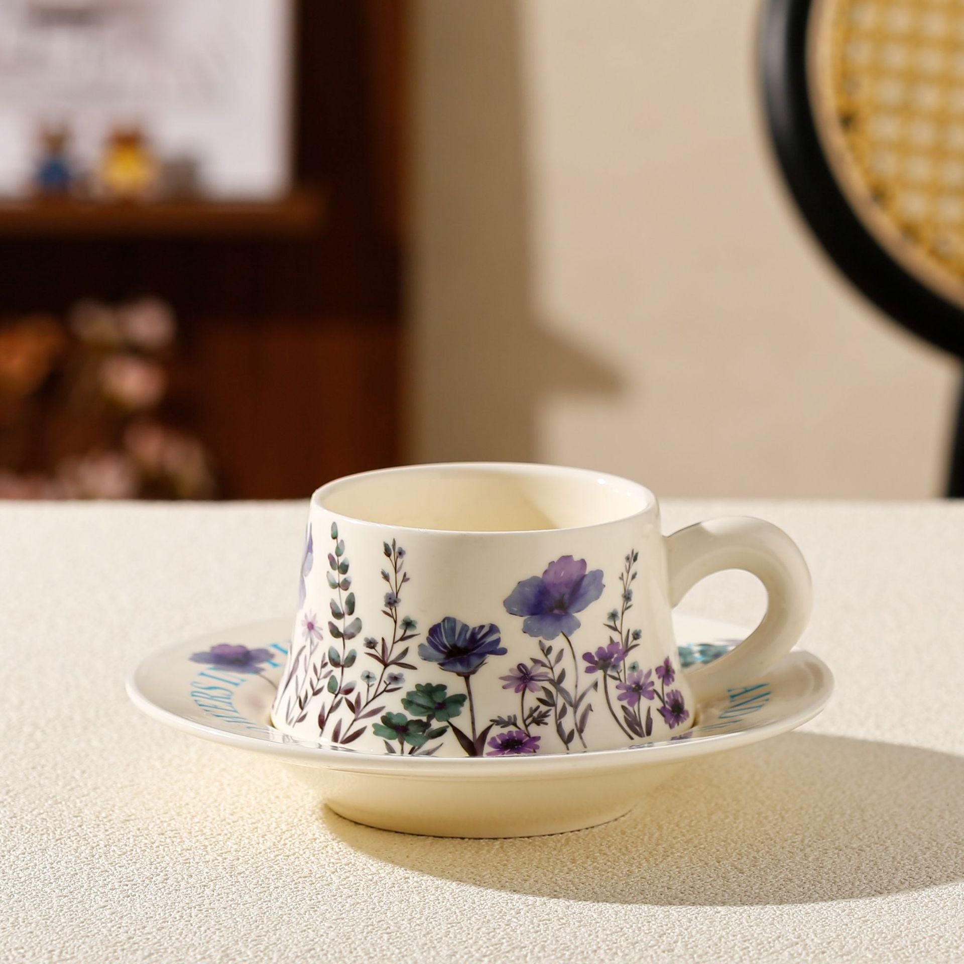 Vintage Floral Ceramic Coffee Cup & Saucer Set White disc - purple flowers