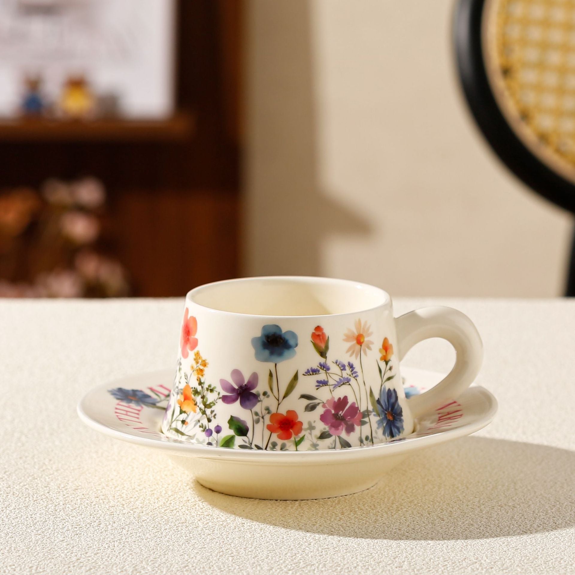 Vintage Floral Ceramic Coffee Cup & Saucer Set White disc - colorful flowers