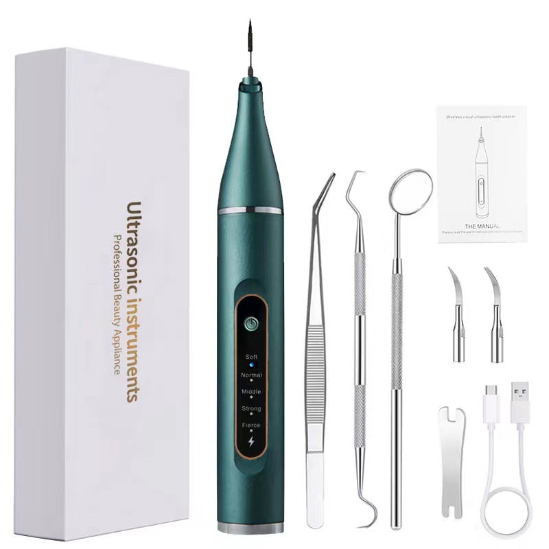 Professional Ultrasonic Dental Scaler & Calculus Remover Kit - 5 Modes, LED Light, IPX7 Waterproof Dark green + dental 3-piece set