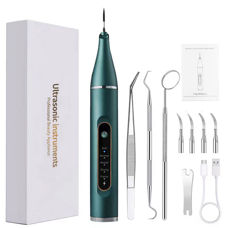 Professional Ultrasonic Dental Scaler & Calculus Remover Kit - 5 Modes, LED Light, IPX7 Waterproof Dark green + dental 5-piece set