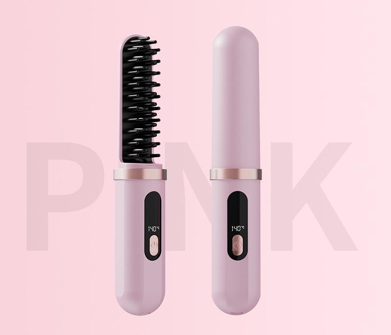 Cordless Hair Straightener Brush - 4000mAh USB-C Rechargeable, 4 Temps, Anti-Scald 3D Comb Design Pink