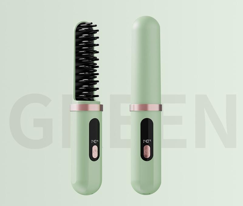 Cordless Hair Straightener Brush - 4000mAh USB-C Rechargeable, 4 Temps, Anti-Scald 3D Comb Design Green