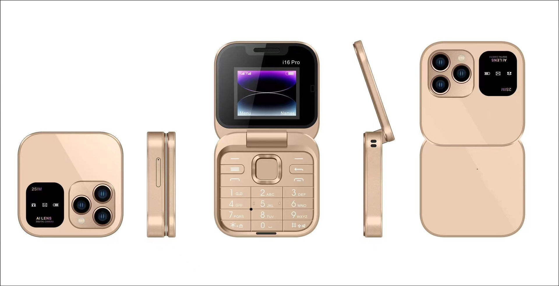 i16 Pro Mini Flip Phone - Dual SIM, AI Lens Digital Camera, Compact & Stylish Design Gold