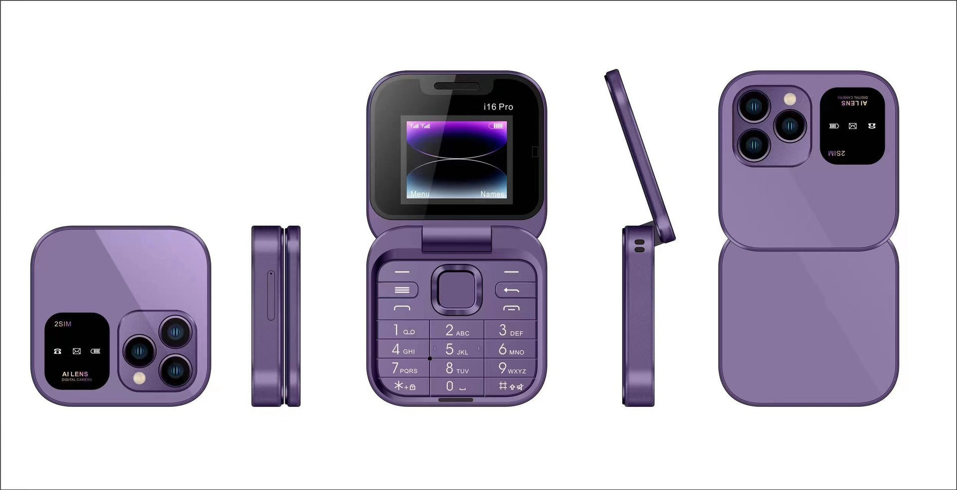 i16 Pro Mini Flip Phone - Dual SIM, AI Lens Digital Camera, Compact & Stylish Design Purple
