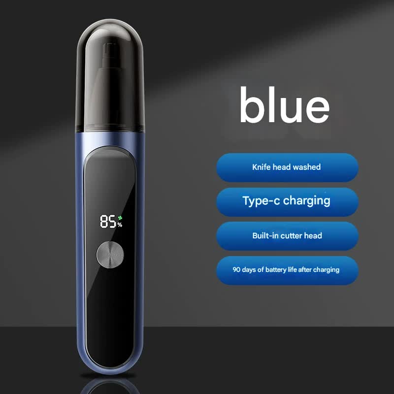 Electric Nose & Ear Hair Trimmer - USB-C Rechargeable, LED Display, Washable 360deg Head, Low Noise blue