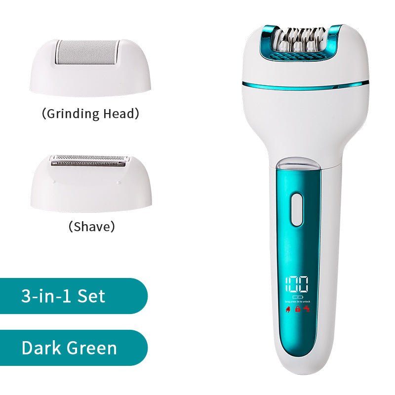 3-in-1 Ladies Electric Epilator, Shaver & Callus Remover with LED Display - Rechargeable & Waterproof Light Green