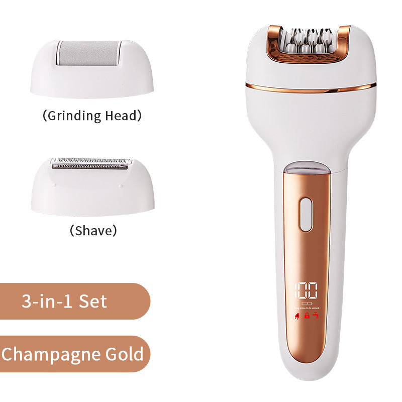 3-in-1 Ladies Electric Epilator, Shaver & Callus Remover with LED Display - Rechargeable & Waterproof Gold