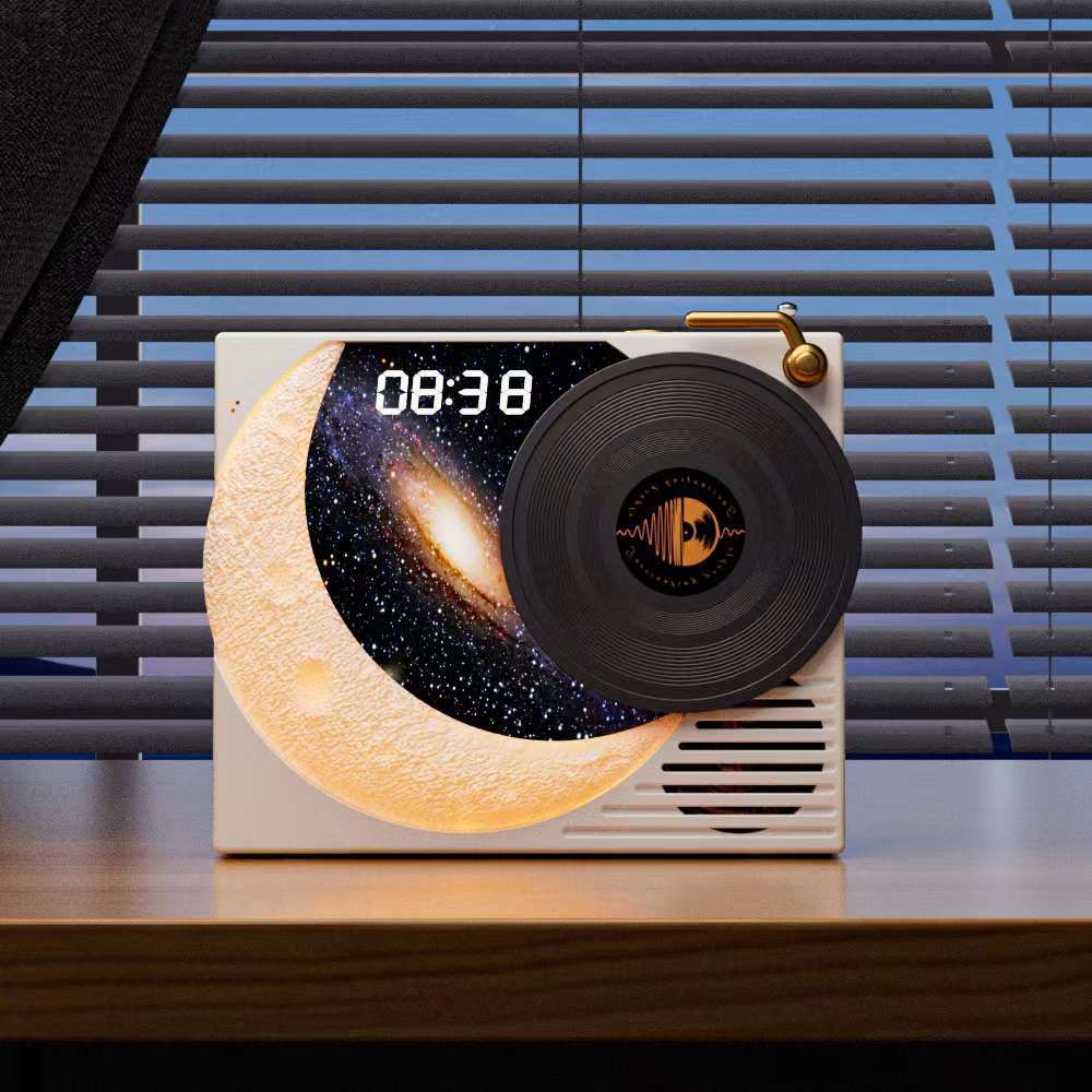 Retro Vinyl Bluetooth Speaker with Moon Ambient Light, Clock & 360 Surround Sound white