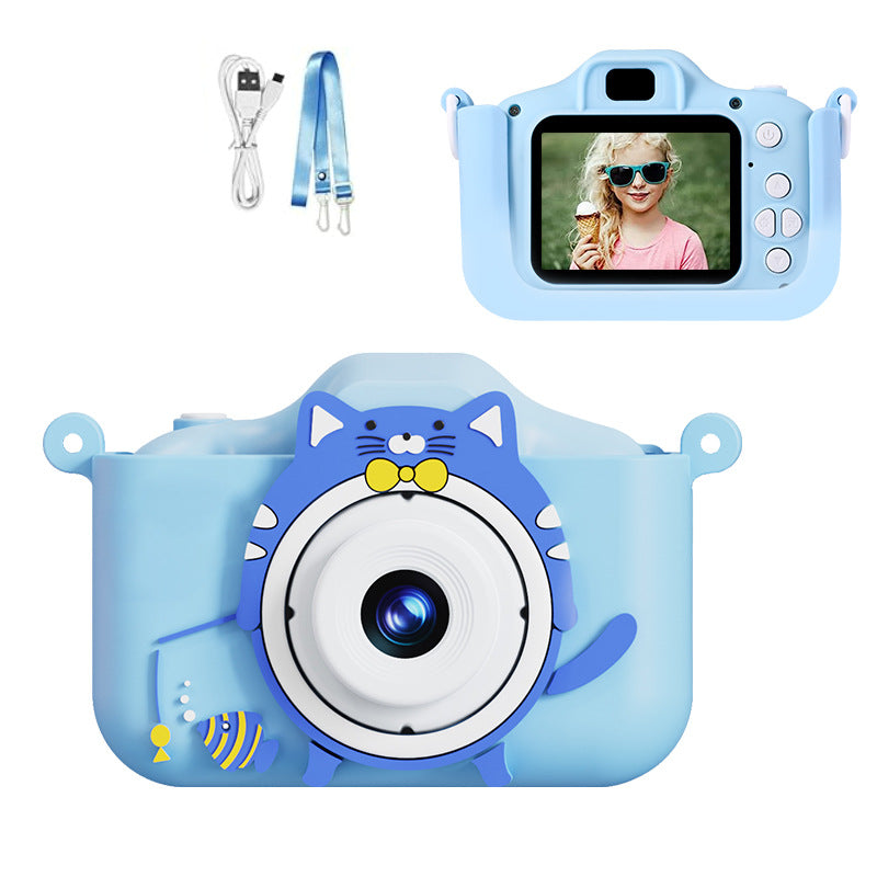 Digital Camera with Cute Cat Silicone Case - Dual Lens, 96MP, HD Screen & Music Playback blue