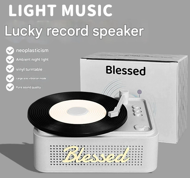 Retro Vinyl Bluetooth Speaker with Ambient Night Light - TF Card & AUX Support Gray