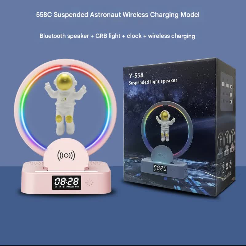 Astronaut Levitating Bluetooth Speaker Lamp - Wireless Charging, RGB Light, Clock, FM Radio & Multi-Input Pink gold