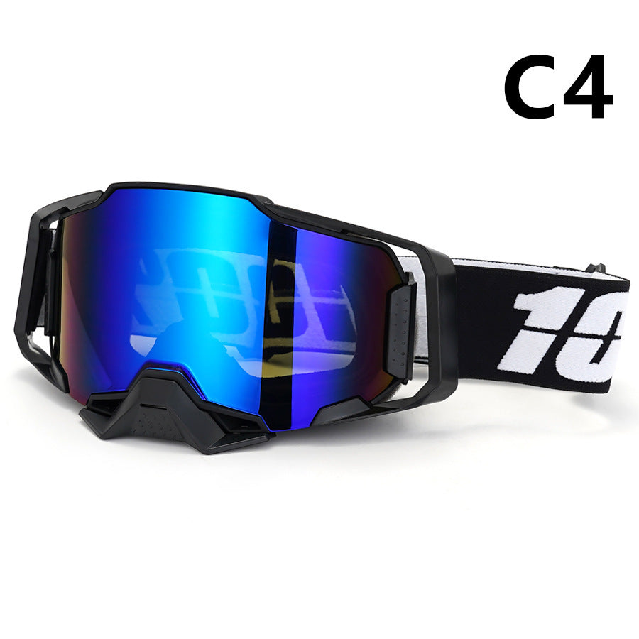 Professional Motocross & Ski Goggles - HiPER Lens, TPU Frame Black frame with white belt and blue lens