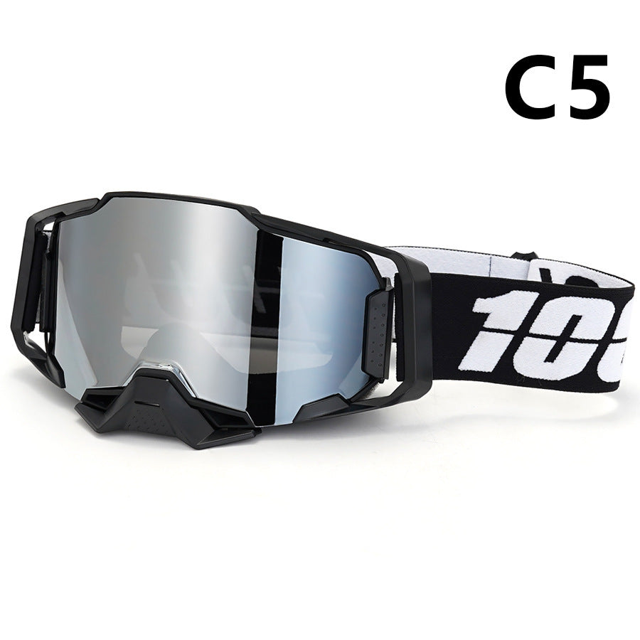 Professional Motocross & Ski Goggles - HiPER Lens, TPU Frame Black frame with white belt and silver lens
