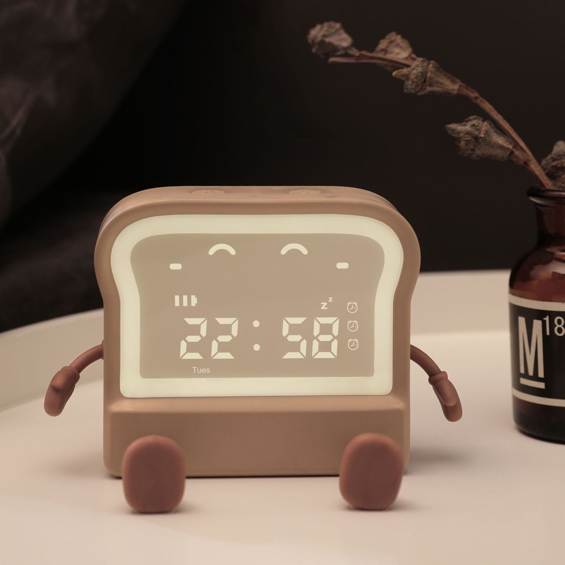 Adorable Toast-Shaped Digital Alarm Clock with Night Light & Phone Stand - Multifunctional Kids Clock brown