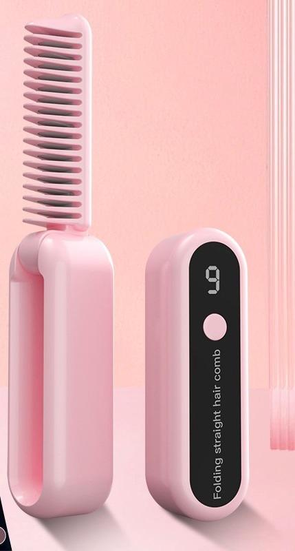 Foldable Wireless Hair Straightener Comb - 9 Temperature Settings, Anti-Scald, USB-C Rechargeable pink