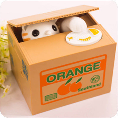 Adorable Cat Stealing Coin Piggy Bank - Automatic Money Saving Box for Kids & Adults Orange and white cat