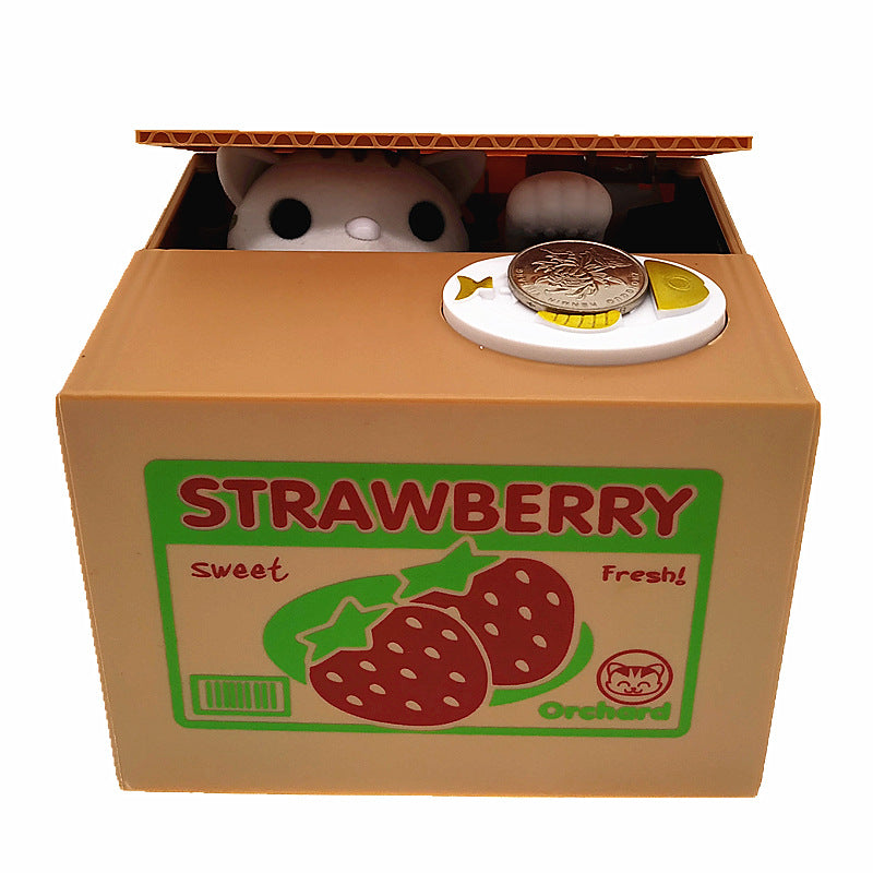 Adorable Cat Stealing Coin Piggy Bank - Automatic Money Saving Box for Kids & Adults Strawberry white cat