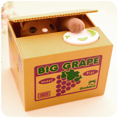 Adorable Cat Stealing Coin Piggy Bank - Automatic Money Saving Box for Kids & Adults Grape gray cat