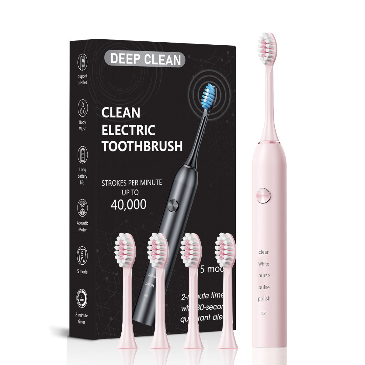 Professional Sonic Electric Toothbrush - 5 Modes, 40000 VPM, 180-Day Battery, IPX7 Waterproof with 4 Brush Heads pink