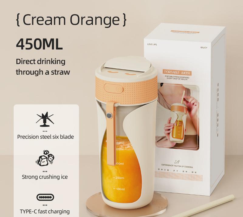 Portable Wireless Juicing Cup - 450ml, 6-Blade Ice Crusher, USB-C Fast Charging Smoothie Blender orange