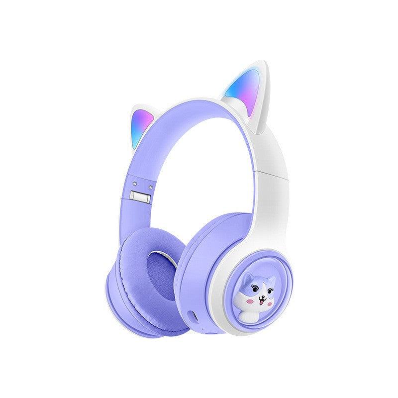 Cute Cat Ear Wireless Headphones - BT5.3, LED Lights, TF Card Slot, Soft Protein Padding Purple