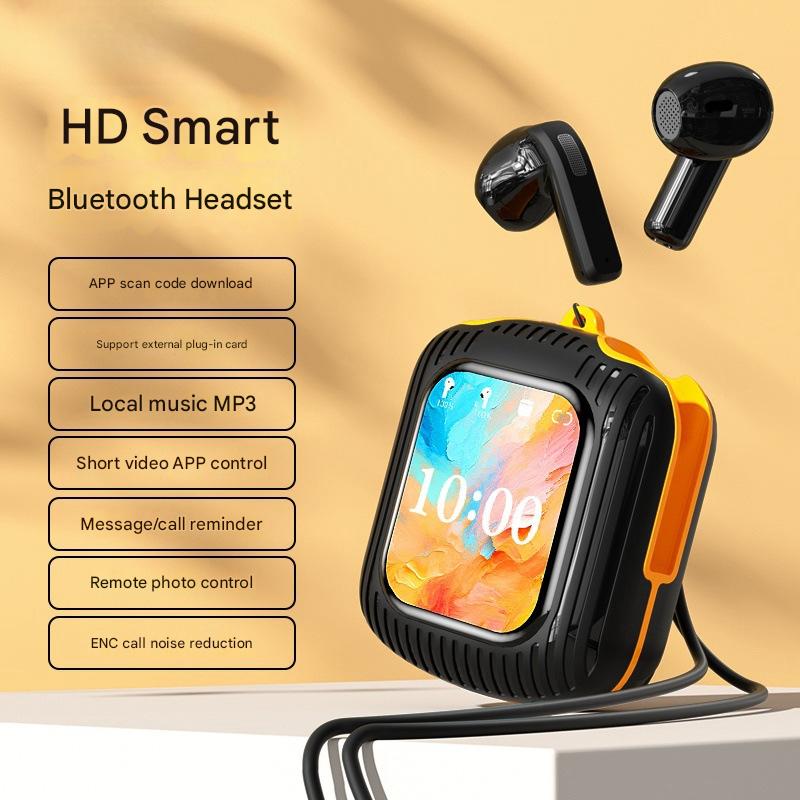 Smart Touch Wireless Headset with MP3 Player & Display - Caller ID, App Control, ENC Noise Reduction Black Orange