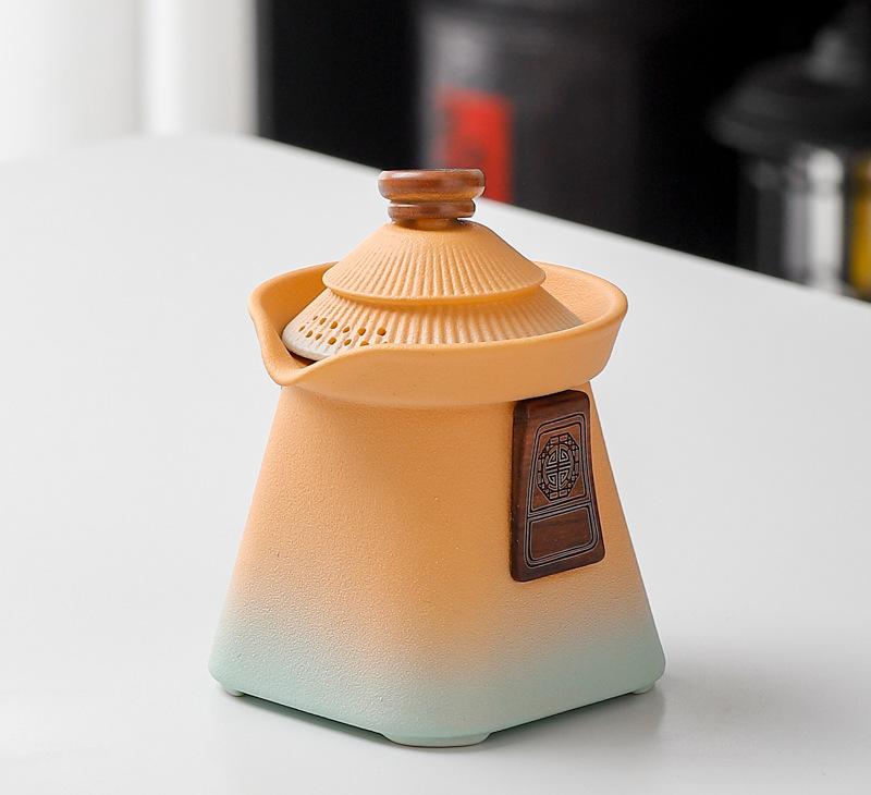 Artisan Ceramic Tea Pot with Built-in Strainer - 280ml, Gradient Finish & Wooden Accents Yellow+cyan