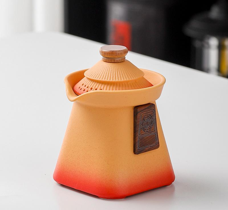 Artisan Ceramic Tea Pot with Built-in Strainer - 280ml, Gradient Finish & Wooden Accents Yellow+red