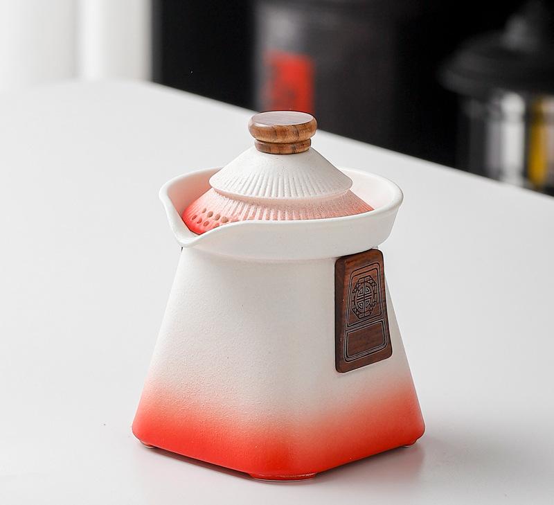 Artisan Ceramic Tea Pot with Built-in Strainer - 280ml, Gradient Finish & Wooden Accents White+red
