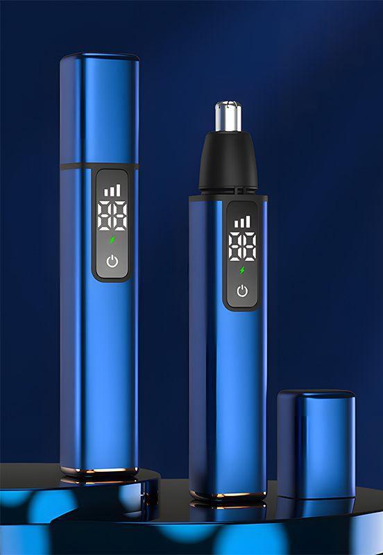 Rechargeable Electric Nose & Ear Hair Trimmer with Eyebrow Attachment - LCD Display, Washable Head, Type-C Charging blue
