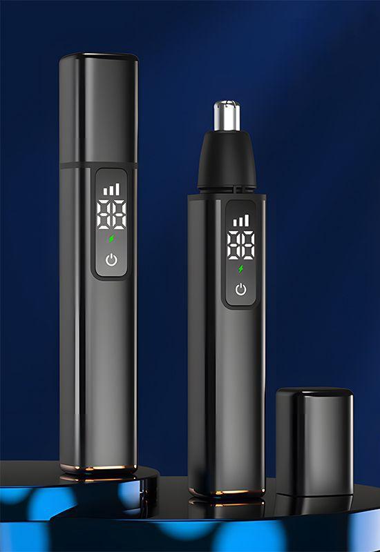 Rechargeable Electric Nose & Ear Hair Trimmer with Eyebrow Attachment - LCD Display, Washable Head, Type-C Charging Black