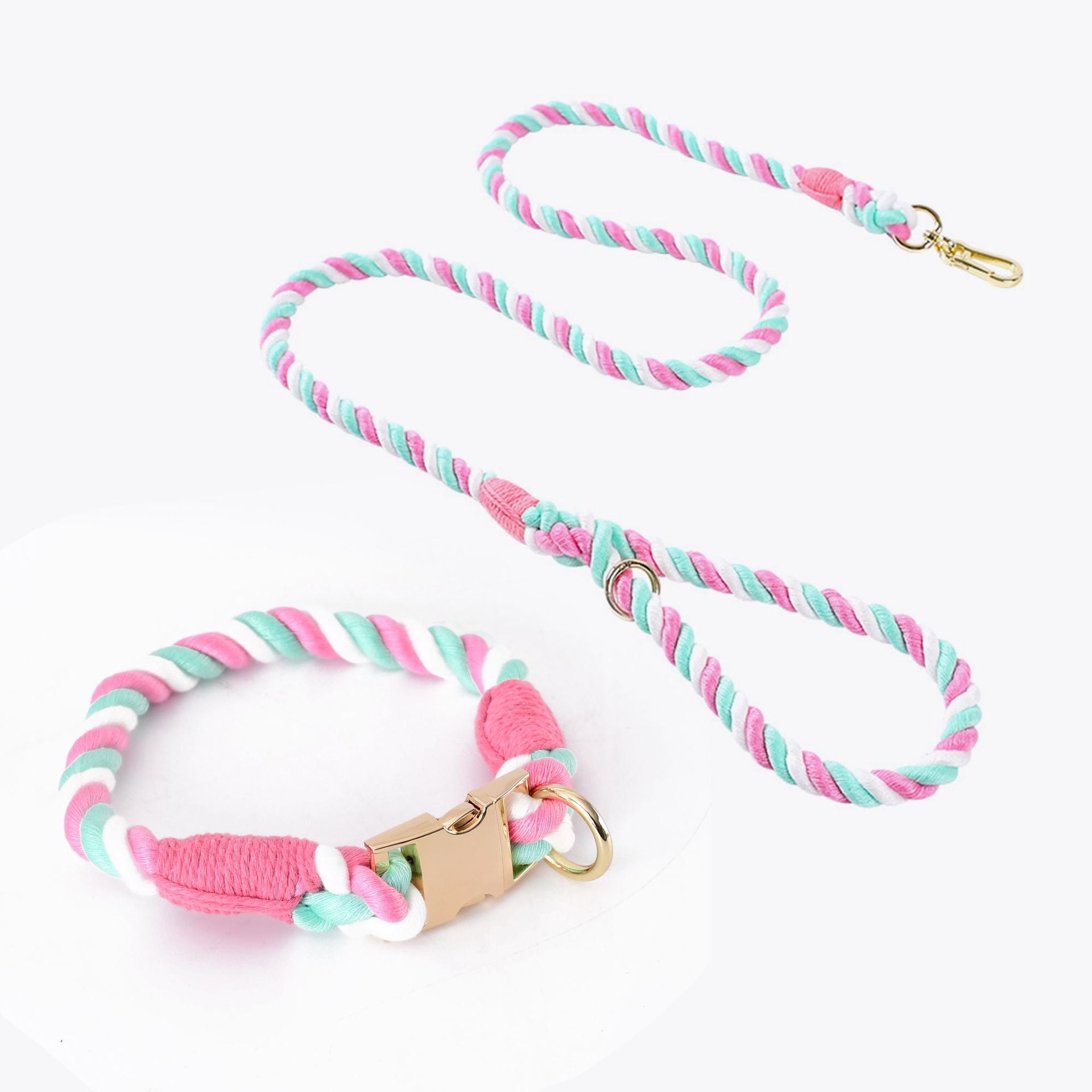 Handmade Gradient Rope Dog Collar & Leash Set - Colorful Braided Cotton Pink - Size S