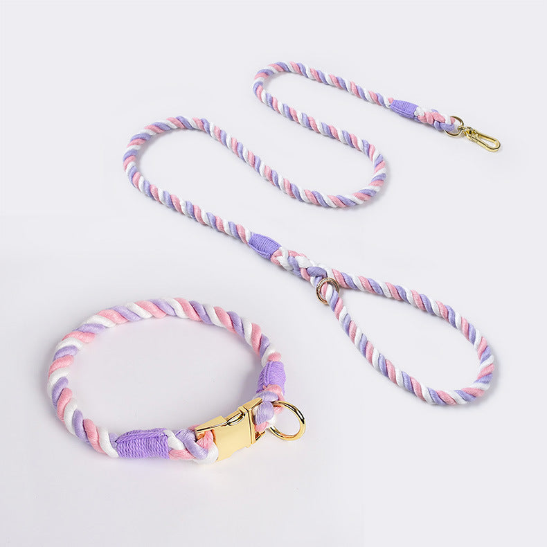 Handmade Gradient Rope Dog Collar & Leash Set - Colorful Braided Cotton Pink purple - Size S