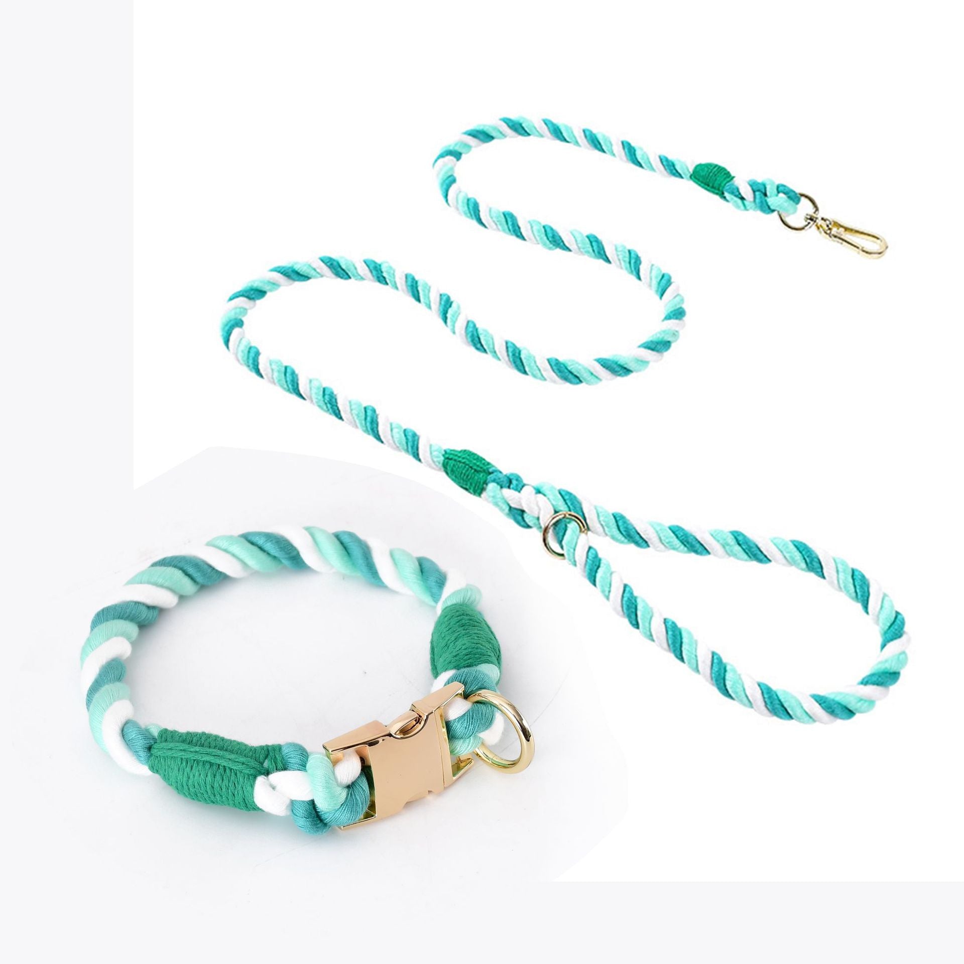 Handmade Gradient Rope Dog Collar & Leash Set - Colorful Braided Cotton Light green - Size S