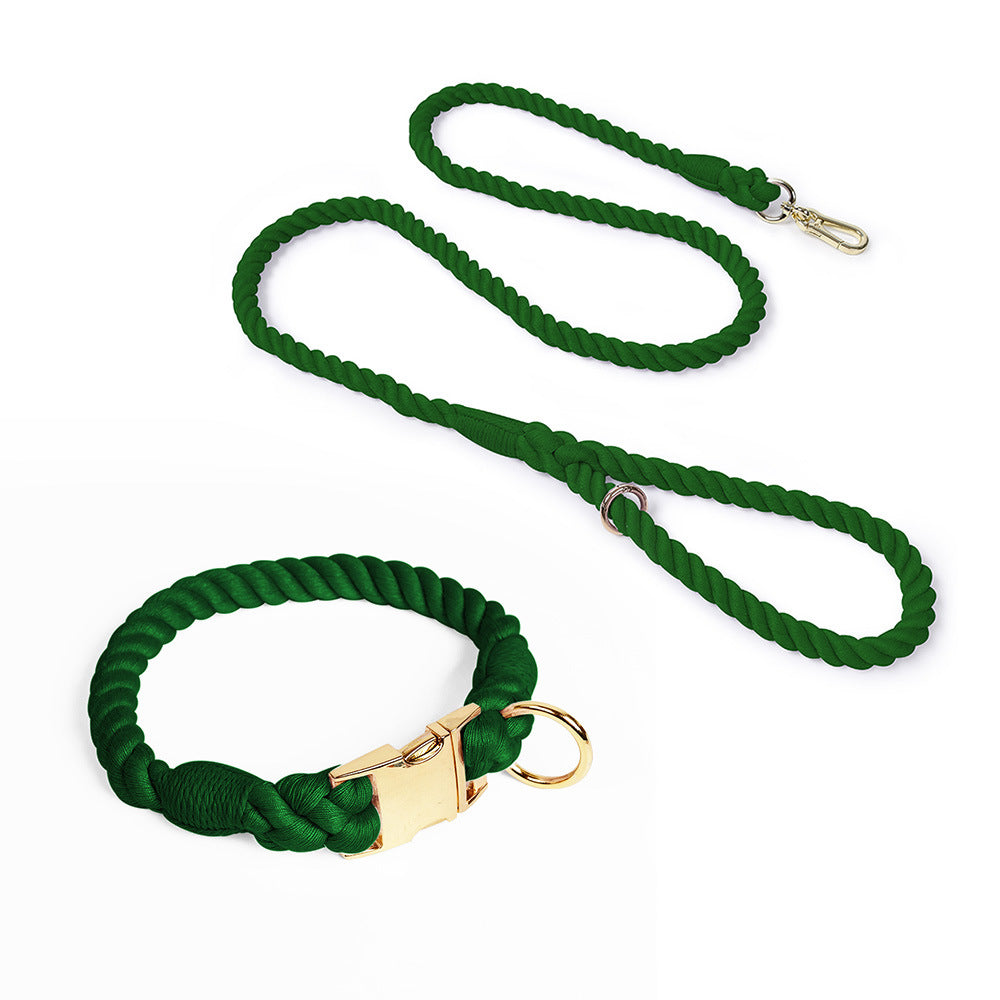 Handmade Gradient Rope Dog Collar & Leash Set - Colorful Braided Cotton Dark green - Size S