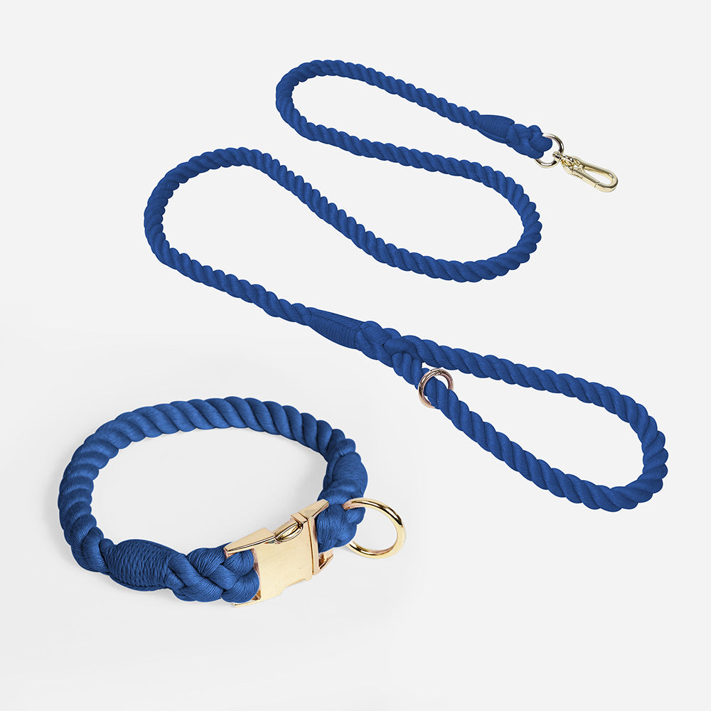 Handmade Gradient Rope Dog Collar & Leash Set - Colorful Braided Cotton Navy blue - Size S